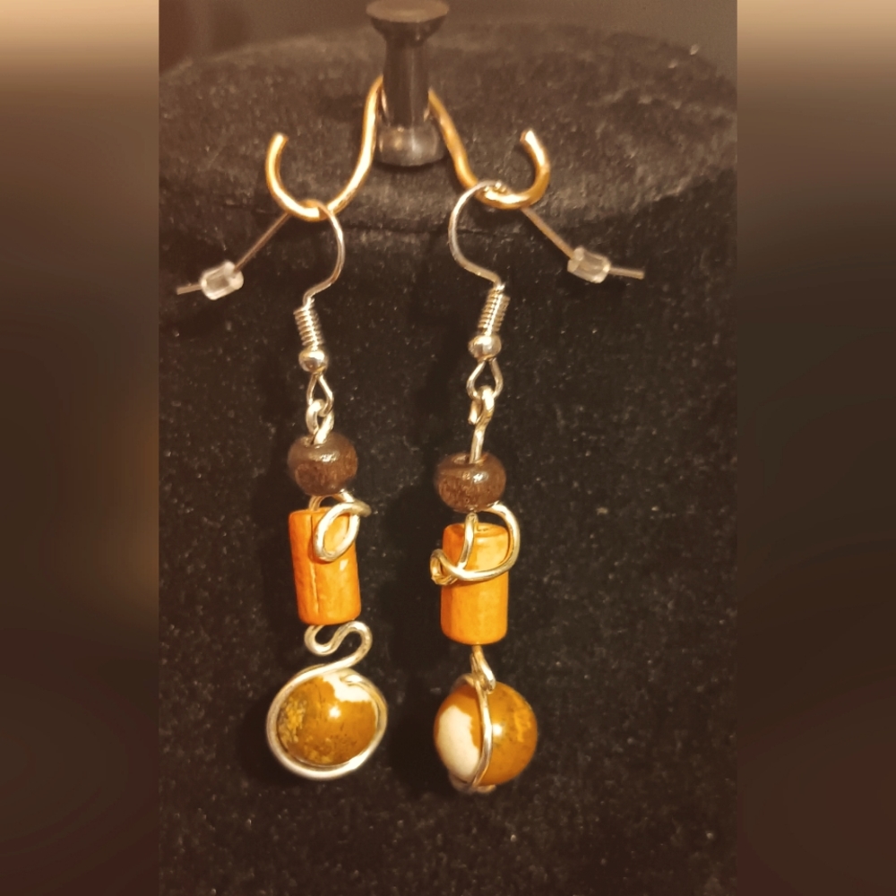 Handcrafted Wood and Picture Jasper earrings